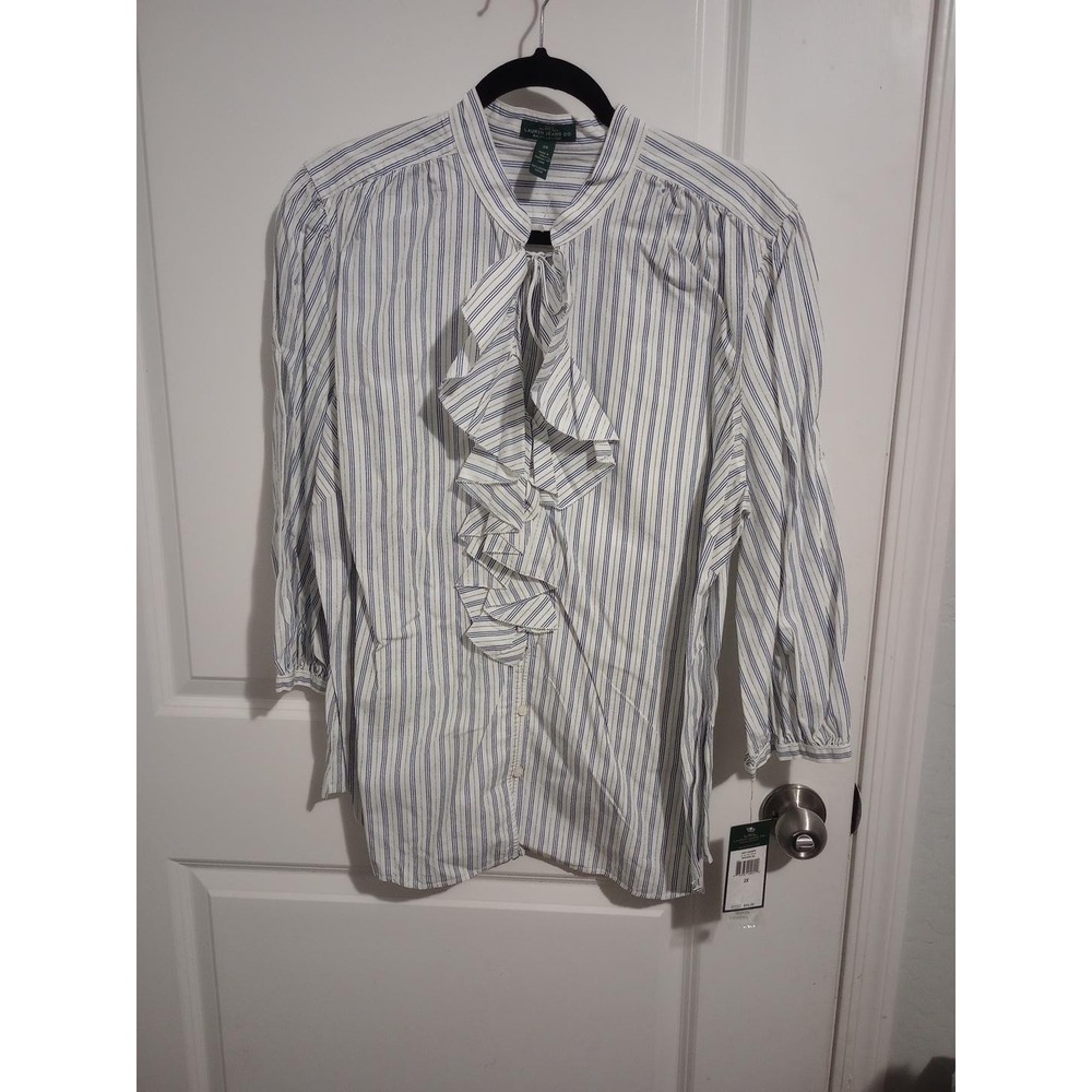 NWT Lauren Jeans Co Ralph Lauren 2X Blue White Stripe Ruffle Tie Neck Blouse